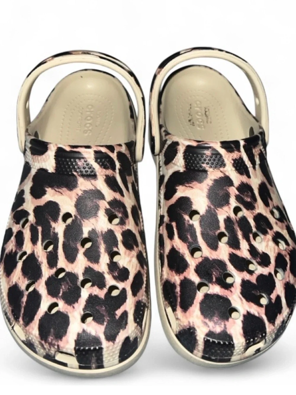 CROCS women’s Leopard Clogs in Pink and Cream